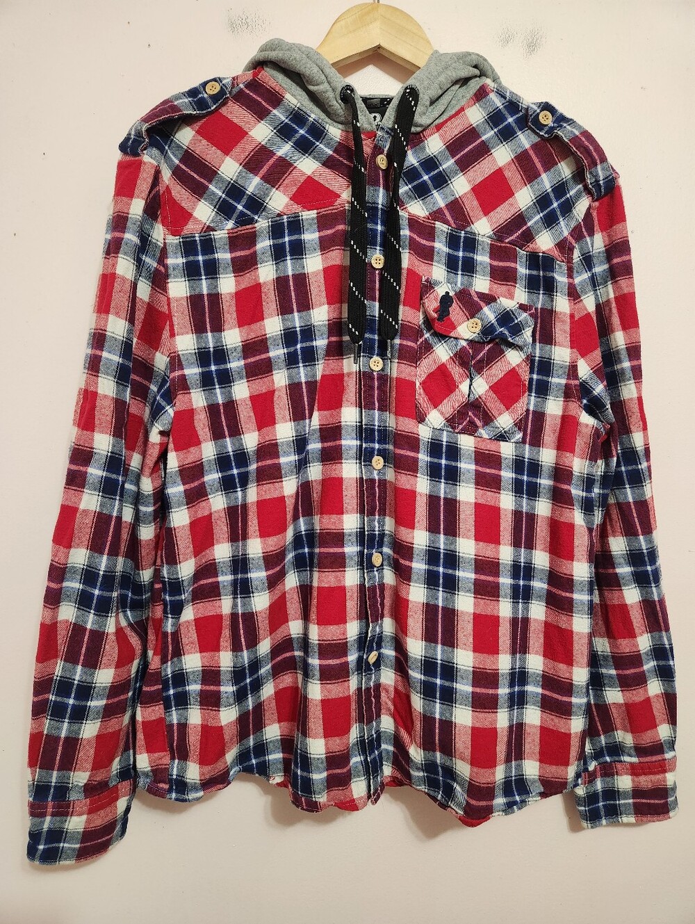 GONGSHOW Mens XL Red Plaid Hooded Flannel Shirt Button Up Hockey Lifestyle